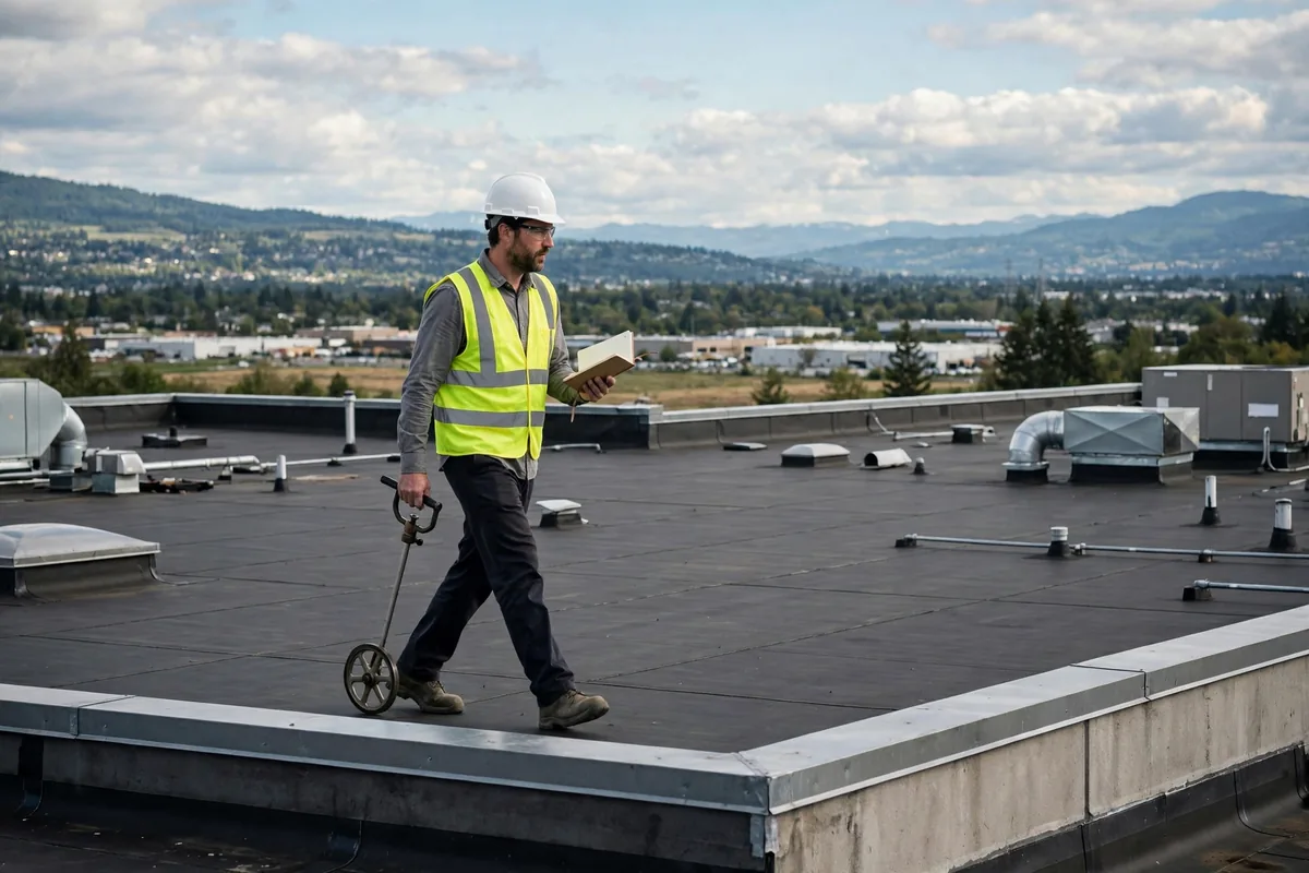 Inspector walking a flat commercial roof with a measuring wheel.