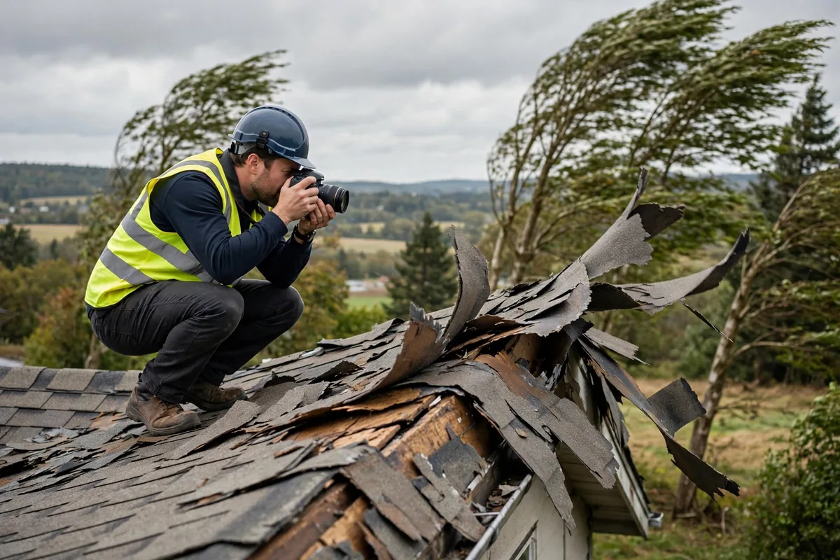 Inspector photographing wind-lifted shingles at a roof edge.